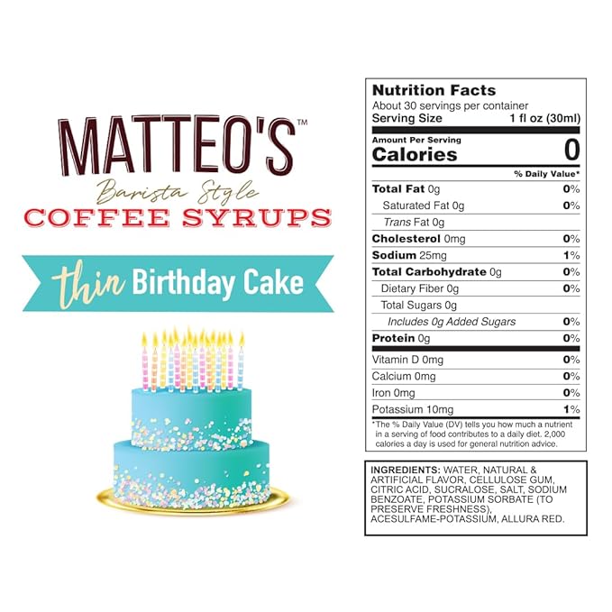 Matteo's Birthday Cake Syrup for Coffee, Lattes, Cappuccinos & Desserts – Sugar-Free Sweetener for Beverages, Keto Friendly, Zero Calories, Indulgent Flavor, Non-Alcoholic, 33.8oz (1pk)