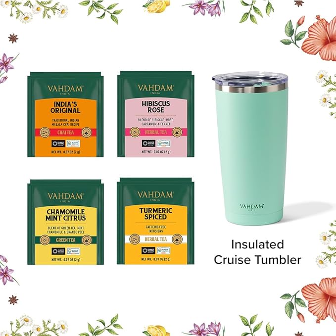 VAHDAM Assorted Tea Gift Set with Cruise Tumbler (4 Variety, 60 tea Bags) | Ecofriendly Tea Bags | Christmas Tea Gifts for Women & Men