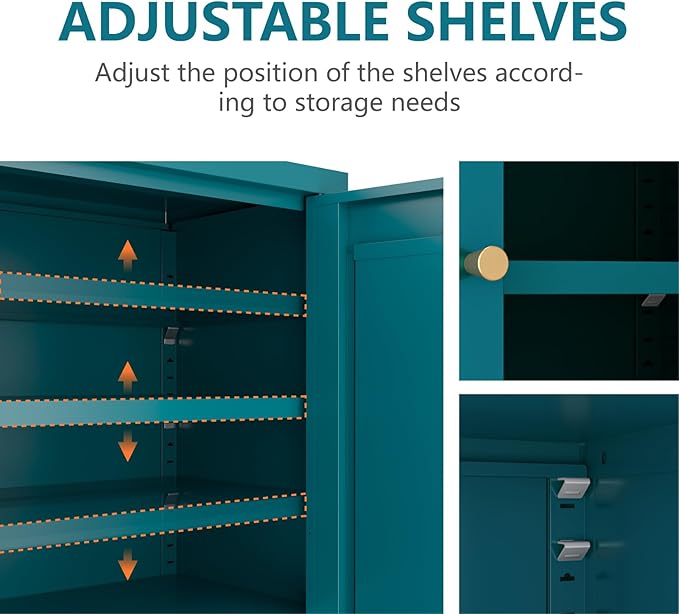 Metal Bathroom Cabinet, Small Floor Storage Cabinet, Freestanding Sideboard with 2 Adjustable Shelves for Living Room, Dinging Room (Blue, 31.5" H-2 Doors)
