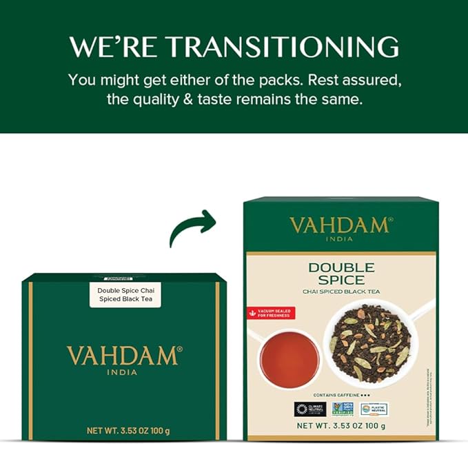 VAHDAM, Double Spice Masala Chai Tea (50+ Cups, 3.53oz) Strong, Robust & Spicy Blend - Black Tea CTC, Cardamom, Cinnamon, Cloves & Black Pepper | Pure Unblended Loose Leaf Tea | Vacuum Sealed