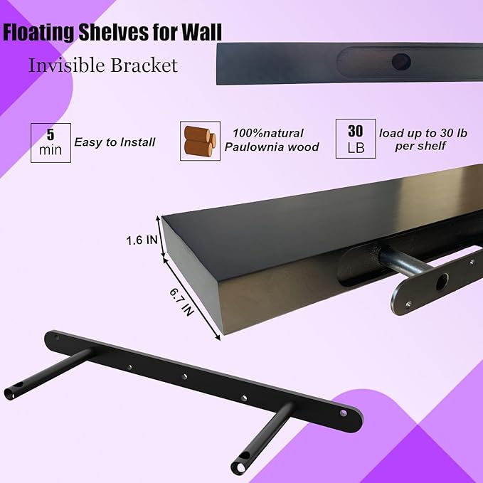 IAE Floating Wall Shelves 24 inch,Bathroom Shelf Wall Mounted,Invisible Shelves Floating Kitchen Shelving,Wooden Wall Shelf with Brackets for Living Room Wall Mounted,Easy Install,Set of 2,Black