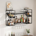 Metal Floating Bar Liquor Shelves 2 Tier, Wall Mounted Wine Rack with Glass Holder Storage, Wall Bar Shelf Wine Display Storage Holder for Kitchen Dining Room Bar (Black)