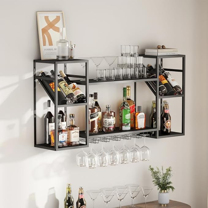 Metal Floating Bar Liquor Shelves 2 Tier, Wall Mounted Wine Rack with Glass Holder Storage, Wall Bar Shelf Wine Display Storage Holder for Kitchen Dining Room Bar (Black)