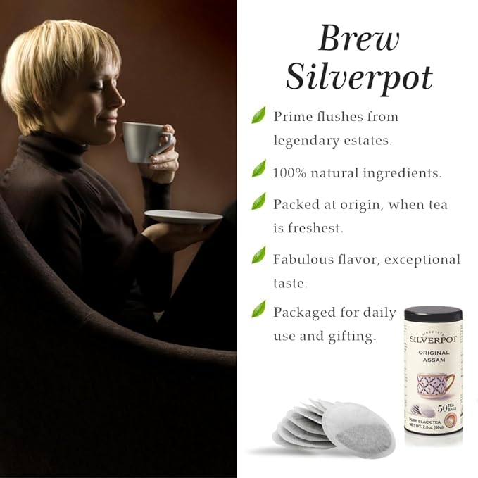 Silverpot Original Assam - 50 Round Tea Bags | Indian Black Tea, CTC | Caffeinated, Farm-Direct | Reusable Tin