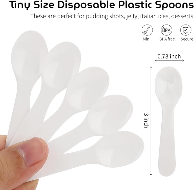 100PCS 3 Inch Mini Tasting Spoons Tiny Plastic Taster Spoon for Yogurt Pudding Jello Shots Ice Cream, Extra Little Sample Micro Spoons (White)