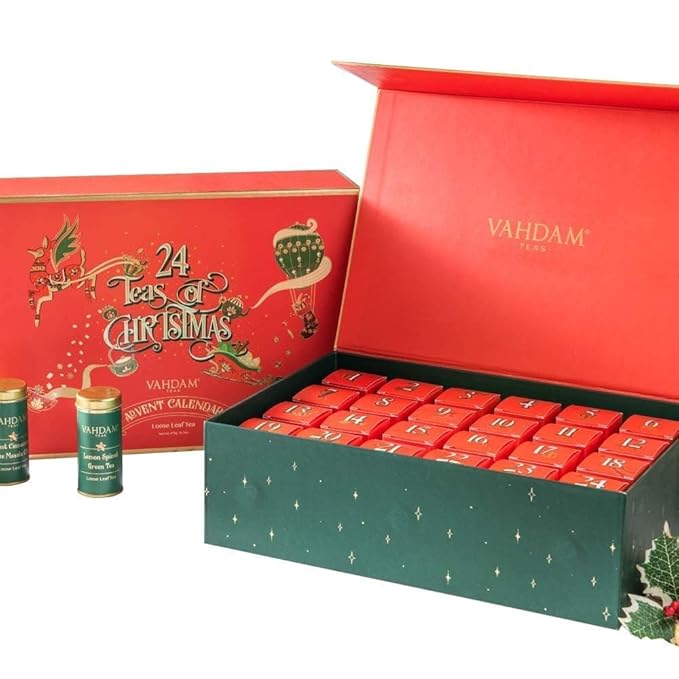 VAHDAM, Assorted Christmas Tea Gift Set (500g/17.63oz) 24 Unique Loose Leaf Teas in Tin Caddies - Exclusive Holiday Gift Box | Christmas Presents For Women, Men & Adults