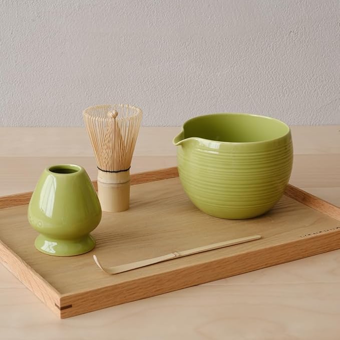 Matcha Whisk Set, Ceramic Matcha Bowl & Whisk Holder, Bamboo Accessory, Modern Design (Avocado Green, Pouring Spout)