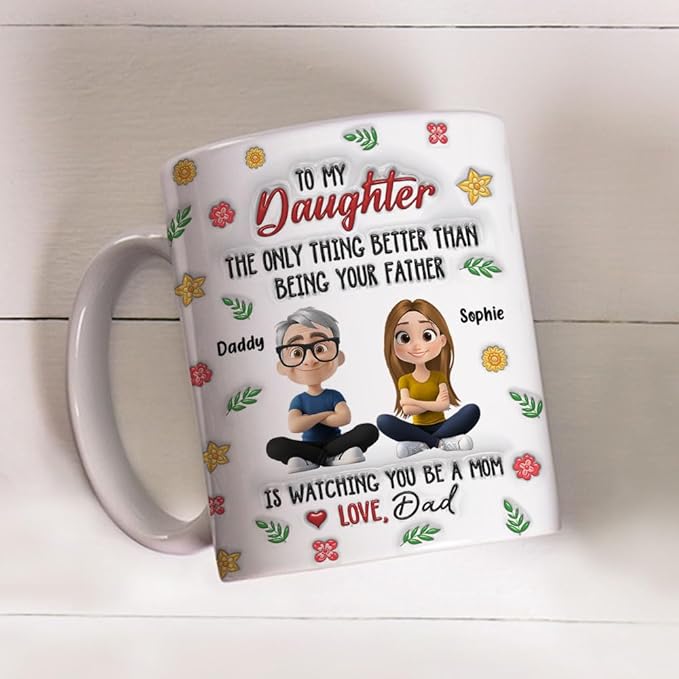 Wrappiness Daughter Mothers Day Personalized Gifts from Dad - To My Daughter Mug Custom Chibi Art and Name, Happy First Mothers Day Coffee Cup for Her - Watching You Be A Mom Gifts for New Mama