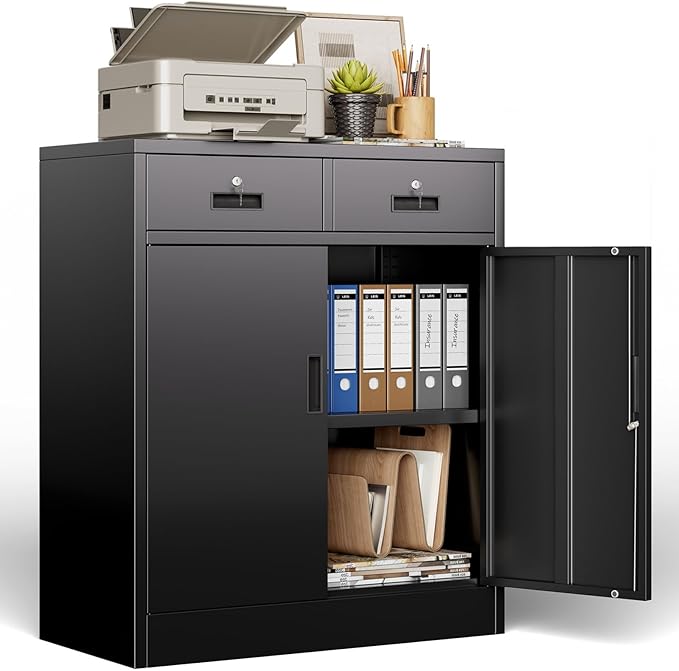 BESFUR 36" H Metal Storage Cabinet with 2 Lockable Drawers and 2 Lockable Doors, Black Locking Cabinet with Adjustable Shelf, Metal Cabinet for Home Office, Garage,School, Warehouse, Utility Room