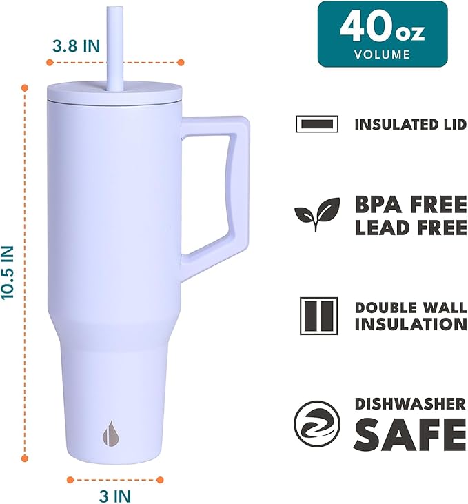 Elemental 40 oz Tumbler with Handle and Straw - Spill Proof Insulated Stainless Steel Commuter for Hot and Cold Beverages - Travel Coffee Mug with 2 Straws & Spill Proof Lid - 40oz - Ice Blue
