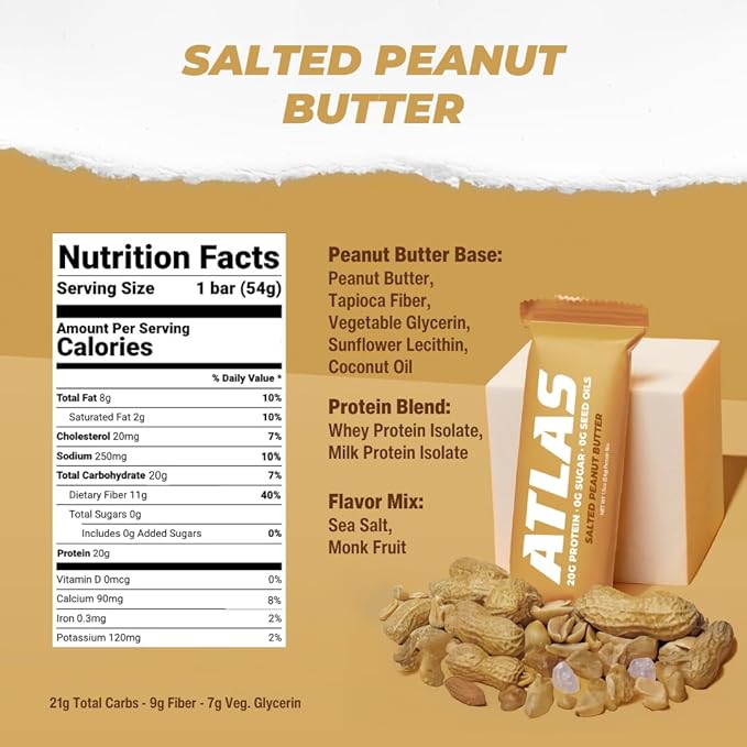 Atlas Bar – 20g Protein, 1g Sugar, 0g Seed Oils, 0g Artificial Sweeteners (Salted Peanut Butter, 36 Count)