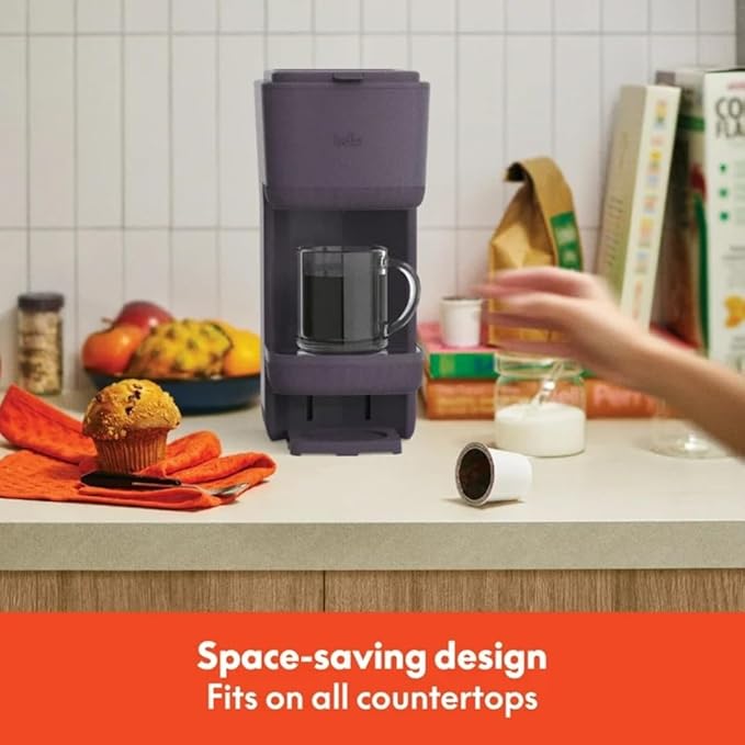 Single-Serve Bella Coffee Maker – Compact 6oz–14oz Brewer for Ground Coffee or Pods, One-Touch Operation, Adjustable Drip Tray, 35oz Water Tank, Travel Mug Friendly, Dishwasher-Safe Parts (Plum)