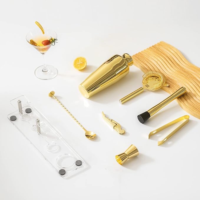 Cocktail Shaker Set with Arcylic Stand, Mixology Bartender Kit for Drink Mixing | Mixology Set with 7 Bar Set Tools Cocktail Kit (Gold)
