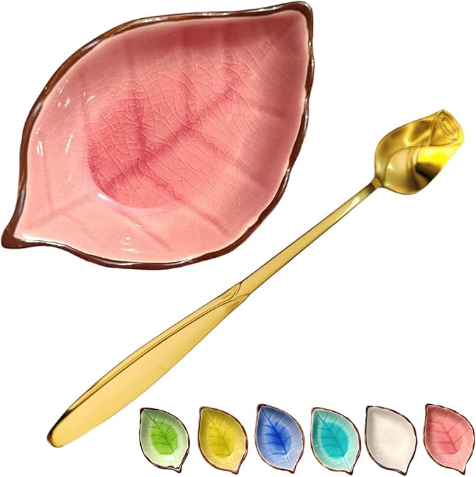 Coffee Spoon and Rest for Coffee Bar Accessories, Leaf Small Spoon Rest for Coffee Station, Tea Spoon Rest Tea Spoon Holder Teaspoon Rest, 1 PC (Ice Cracks Pink with Gold Rose Spoon)