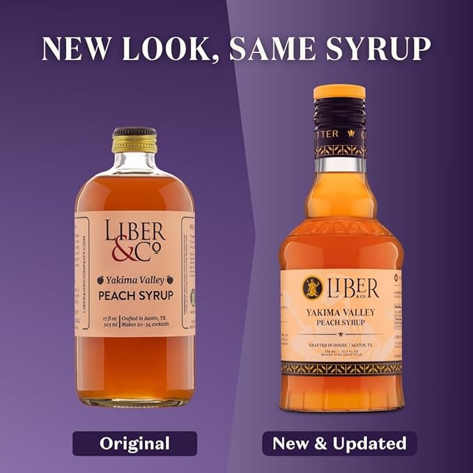 Liber & Co. Peach Syrup - Craft Cocktail Mixer with 60% Peach Juice from Yakima Valley Peaches - Essential for Bellinis, Whiskey Smashes & Bourbon Cocktails - Makes 50 Drinks (25.4 oz)