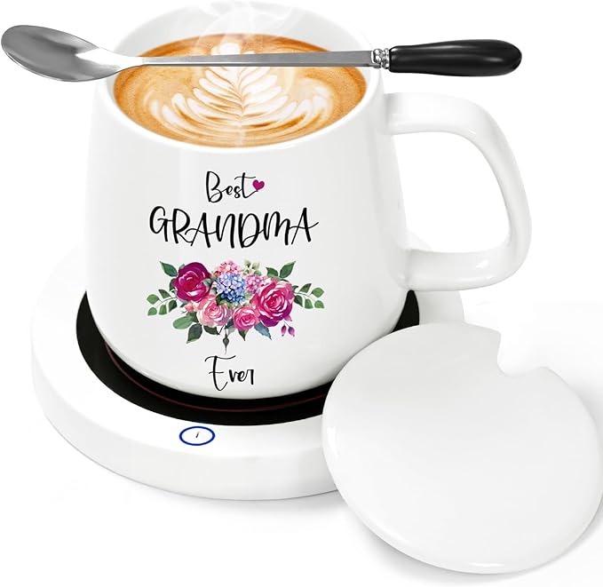 Coffee Mug Warmer, Best Grandma Ever Mug, Coffee Cup Warmer for Desk, Gifts for Grandma, White Heated Coffee Warmer for Nana Home Office Christmas Birthday Gifts