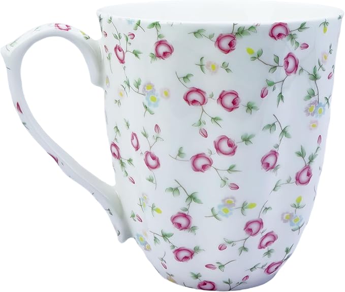 14oz Bone China Coffee Mug Floral Bone Mug Cute Coffee Mug Teacup for Women Mom Friend (small pink rose)