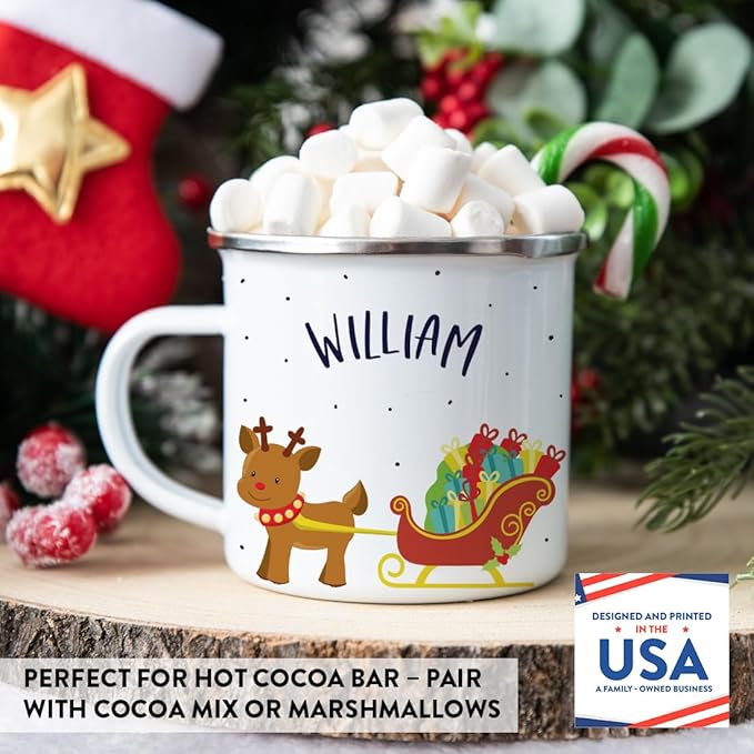 Andaz Press Personalized Name 11oz. Kids Christmas Hot Chocolate Stainless Steel Campfire Coffee Mug Adorable Rudolph Reindeer Sleigh, 1-Pack Custom Birthday Xmas Cup Hot Cocoa Mugs Christmas Mug Kids