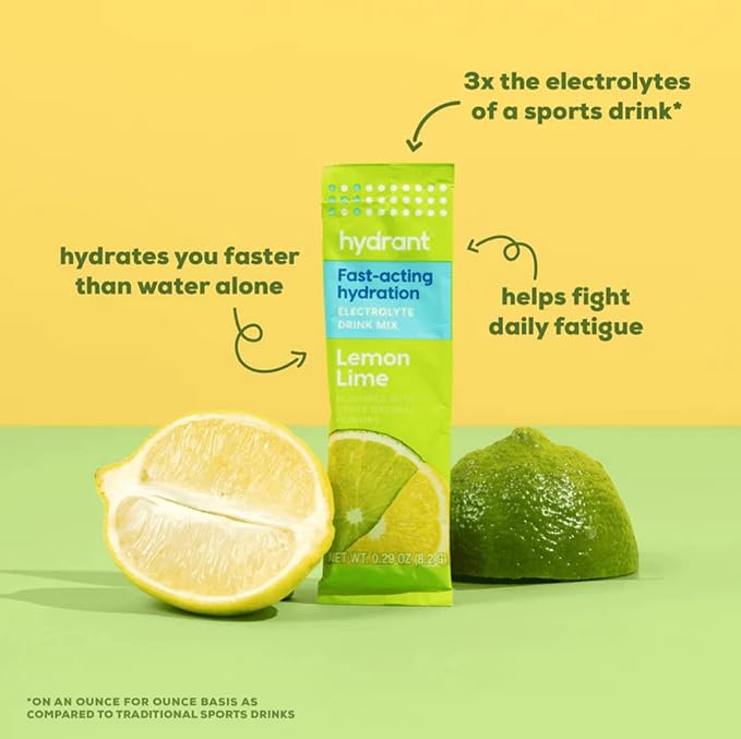 Hydrant Hydrate, Individual Hydration Electrolyte Powder Stick Packets with No Artificial Sweeteners, Colors, or Fillers (Lemon Lime, 30 Pack)