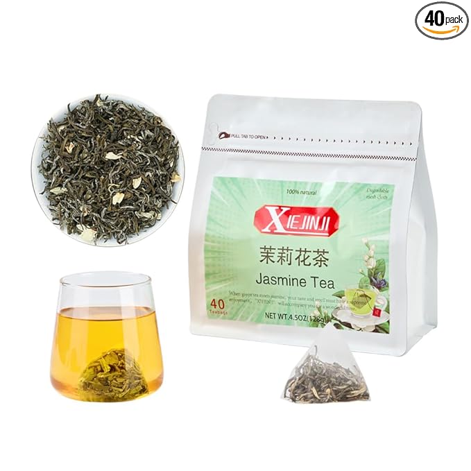 XIEJINJI Jasmine Tea, Premium Jasmine Green Teabags, Fragrant Floral Scent, 3.2g x 40 Count, Low Caffeine, Enjoy Hot or Iced, Eco-Conscious Tea Bags