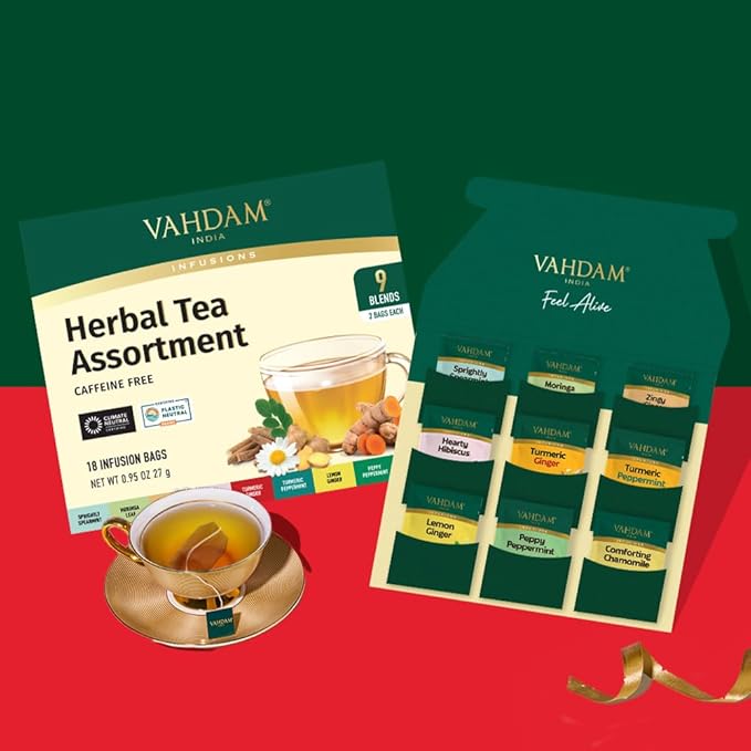 VAHDAM, Assorted Herbal Tea Gift Set (18 Tea Bags, 9 Flavors) Caffeine-Free, Non-GMO | Double Infusion, Individually Enveloped Tea Bags | Herbal Tea variety Pack | Christmas Tea Gifts for Women & Men