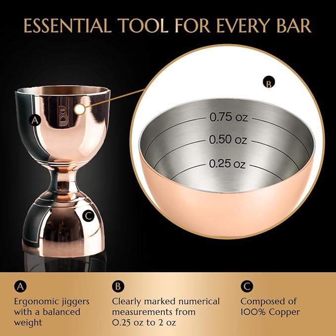 Double Bell Jigger by Bull In China - Premium 100% Copper with 0.25oz to 2oz Measures for Cocktails, Bars & Bartenders