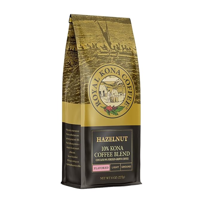 Royal Kona 10% Hawaiian Kona Coffee Blend, Hazelnut Flavor, Light Roast Ground, 8 Ounce Bag