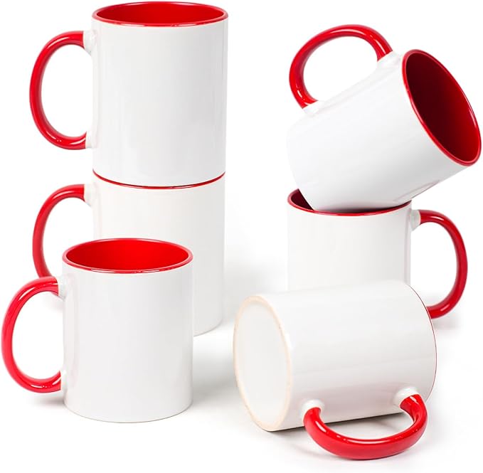 11oz White Ceramic Sublimation Coffee Mug With Solid Color Red Inside and Handle,12 individual white gift box