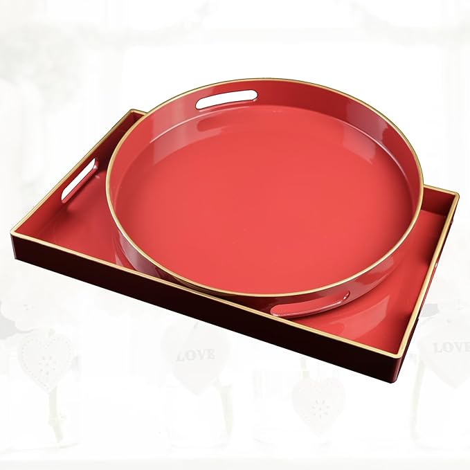 Red Round Decorative Tray with Handles, 13" Elegant Coffee Table Serving Tray for Ottoman Living Room, Bathroom, Outdoors, Breakfast