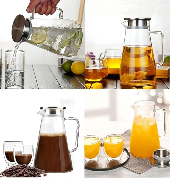 Borosilicate Glass Pitcher with Lid, 1.8L / 60 oz Heat Resistant Glass Water Carafe with Handle for Fridge, Large Iced Tea Pitcher, Juice Jug for Milk, Hot and Cold Beverage