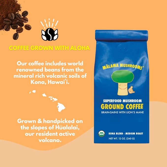 Malama Organic Mushroom Coffee, Adaptogenic Mushroom Coffee with Lion's Mane for Focus, Memory & Inmune Support – Blended with Organic Kona Roast | 12oz Bag