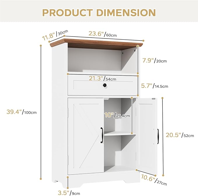 Floor Cabinet, Farmhouse Storage Cabinet with Barn Doors and Drawer, 11.81" D x 23.62" W x 39.37" H White Freestanding Adjustable Shelf Organizer for Bathroom, Kitchen, Living Room