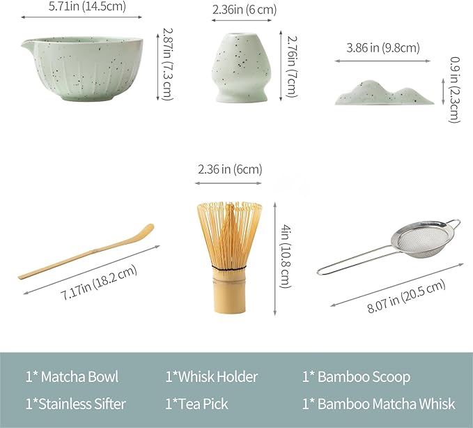 7Pcs Japanese Matcha Tea Set, Matcha Kit with Matcha Bowl (with Pouring Spout), Matcha Whisk, Whisk Holder, Strainer - Elegant Matcha Set for Gifting and Personal Use, Gift Box Packaging (Green spots)