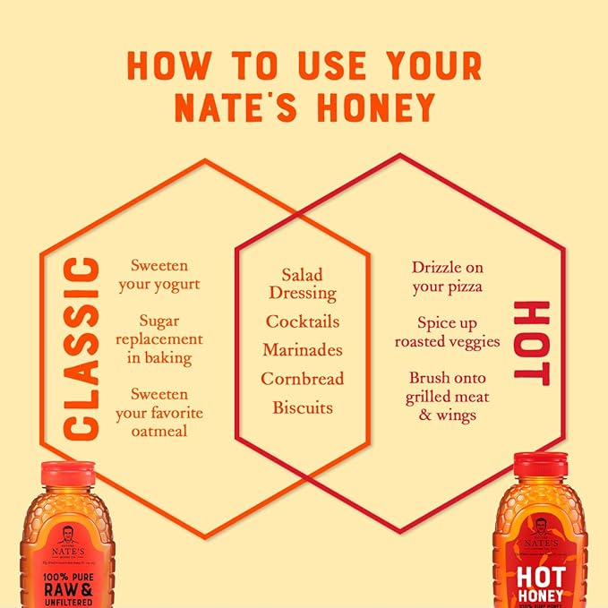 Nate’s Honey Bundle, 2 Honey Products, Hot Honey + Raw & Unfiltered Honey, 16oz x 2