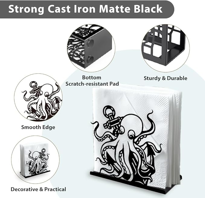 Octopus Decorative Black Metal Napkin Holder for Table, 5.3" x 4.9" x 1.9" Animal Ocean Theme Standing Napkin Holder for Home Kitchen Restaurant Picnic Party Coffee Bar Dining Room