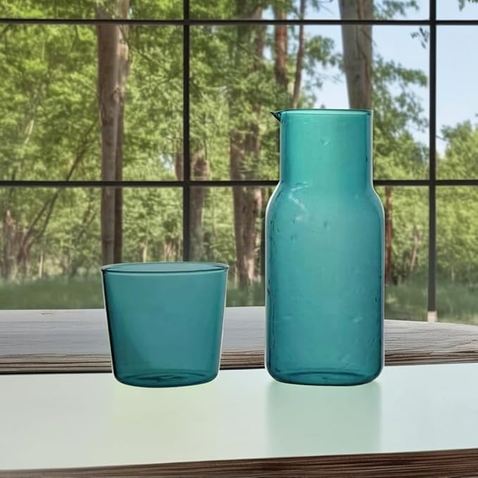 Bedside Glass Water Carafe Set with Cup, Glass Carafe with Lid Mouthwash Cups for Bedroom Bathroom Juice Wine Milk
