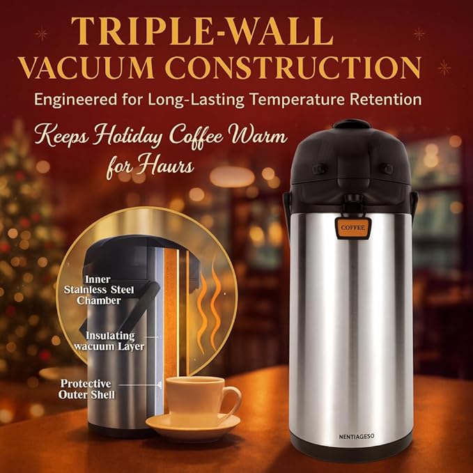 Heritage66 3L Airpot Thermal Coffee Carafe with Cleaning Brush, Triple Wall Vacuum Insulated Stainless Steel Coffee Dispenser, 101oz Pump Pot for Hot & Cold Drinks