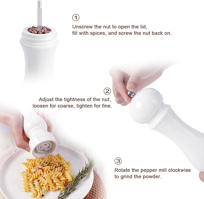 LHS Pepper Mill Grinder Salt Grinder, Arcylic Peppercorn Grinders with Adjustable Ceramic Grinding Core (8 Inch,White)