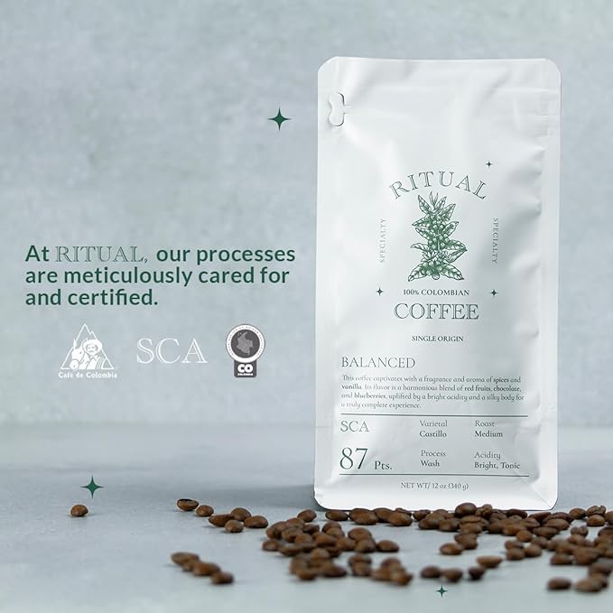 Ritual Specialty Coffee - Colombian Single Origin Ground Coffee Gourmet, Balanced Profile, 87+ SCA Score (Chocolate, Red Fruits & Blueberry),Medium Roast - 12oz (340g) 100% Castillo Variety