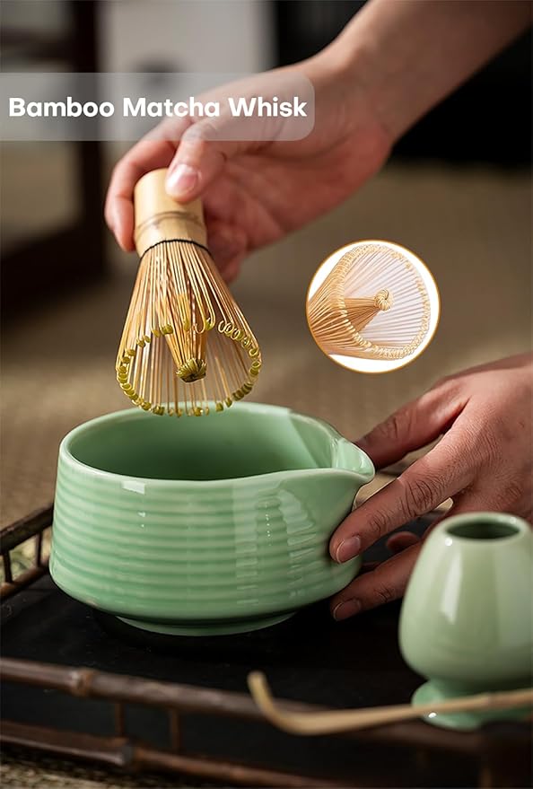 Matcha Whisk Set - 4PCS Matcha Set Includes Matcha Bowl with Spout, Matcha Whisk Holder, Bamboo Whisk and Bamboo Scoop, Ceramic Matcha Kit