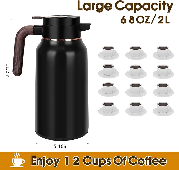 68oz Thermal Coffee Carafe, Stainless Steel Carafes for Hot Liquids 24 Hours, Insulated Coffee Carafes For Keeping Hot Coffee, Hot Water, Tea, Hot Beverage (2 Pack Black)