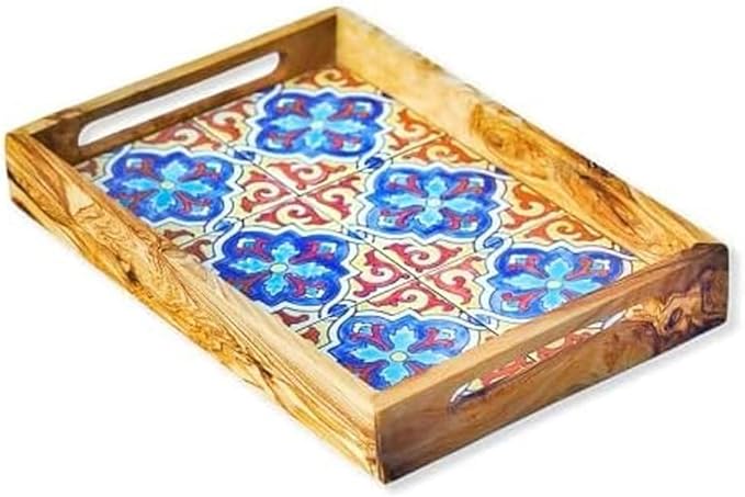 Kamsah Olive Wood Serving Tray with Handles (L:13”, W:9”) Decorative Rectangle Serving Trays for Serving Food, Drinks, Tea, Coffee - Rustic Vintage Wooden Serving Tray for Table & Gifts - Alhambra