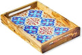 Kamsah Olive Wood Serving Tray with Handles (L:13”, W:9”) Decorative Rectangle Serving Trays for Serving Food, Drinks, Tea, Coffee - Rustic Vintage Wooden Serving Tray for Table & Gifts - Alhambra