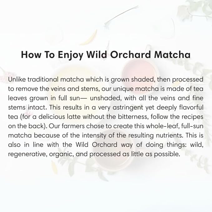 Wild Orchard Matcha Green for Lattes from Jeju Island - Premium Tea - 100% Regenerative Organic Certified - Premium Grade Matcha Green Tea Powder Cultivated on Jeju Island in South Korea