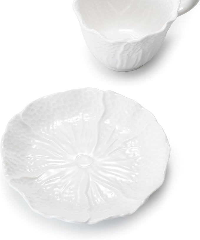 2 Pack White Ceramic Cups and Saucers Coffee Cups with Cabbage Floral Design 200ml (7 oz) Tea Cups for Espresso, Latte, Porcelain Mugs