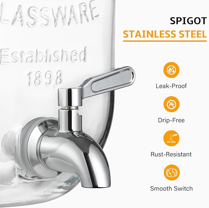 1 Gallon Glass Beverage Dispenser, 18/8 Stainless Steel Spigot and Lid, Glass Drink Dispensers for Parties, Mason Jar Drink Dispensers with Lids