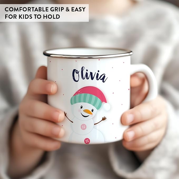 Andaz Press Personalized Name 11oz. Kids Christmas Hot Chocolate Stainless Steel Campfire Coffee Mug, Charming Snowman Pink Aqua Hat Hello, 1-Pack, Custom Birthday Xmas Cup Kids Hot Chocolate Mug