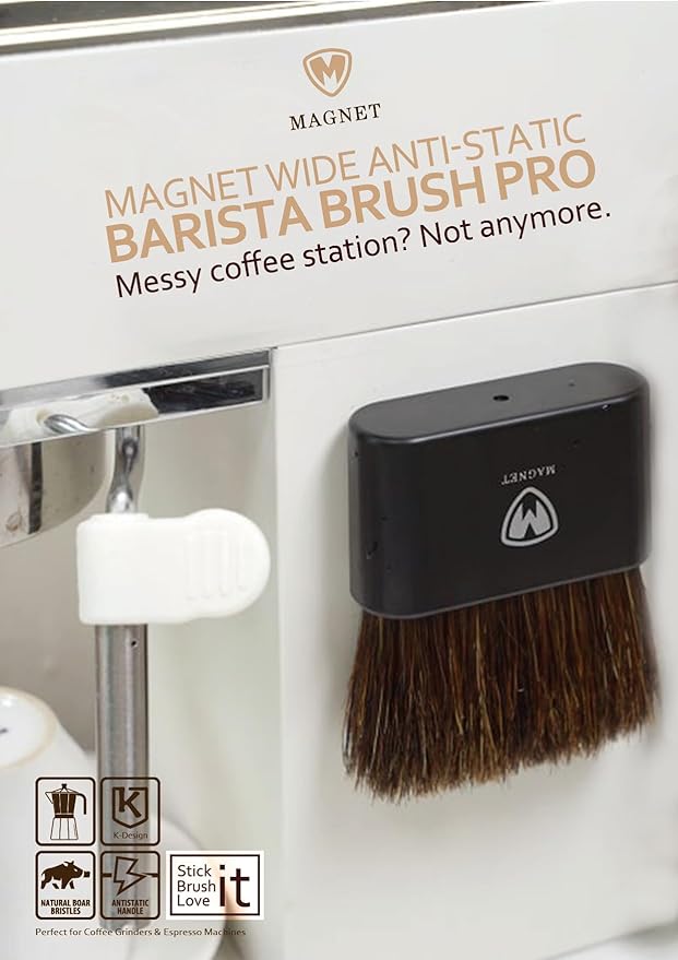 Magnet Barista Brush Pro – Espresso Machine & Coffee Grinder Cleaning Brush with Anti Static Handle, Natural Boar Bristles, Anti-Static, Magnetic Storage, Professional Barista Tool