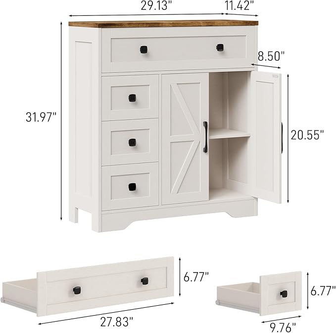 Vabches Farmhouse Storage Cabinet with 2 Doors and 4 Drawers, Freestanding Bathroom Storage Cabinet Kitchen Pantry, Floor Hutch Cupboard for Living Room/Bathroom/Kitchen,(Antique White)