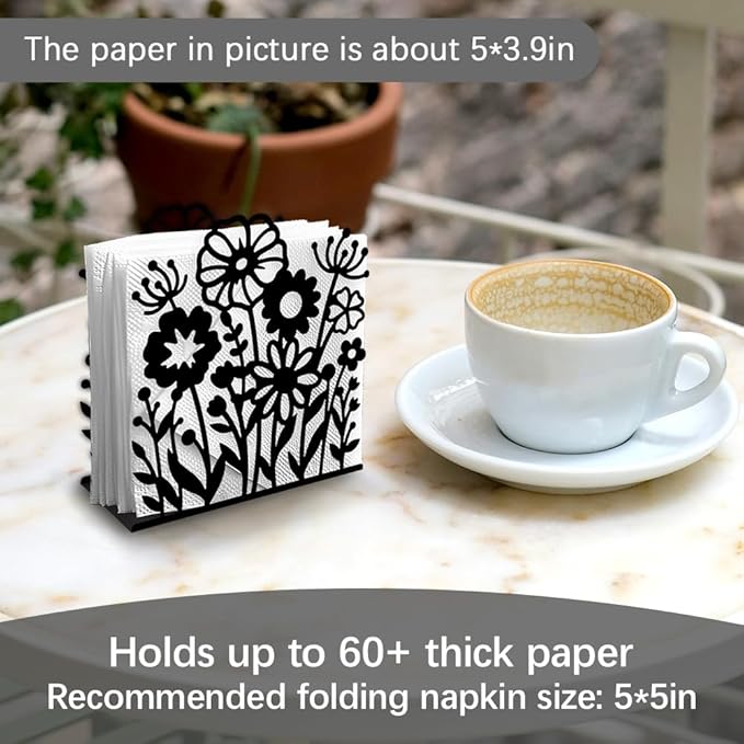 Wildflowers Decorative Black Metal Napkin Holder for Table, 4.9" x 5.3" x 1.9" Flowers Standing Napkin Holder for Home Kitchen Restaurant Picnic Party Coffee Bar Dining Room